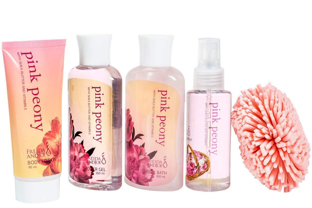 Pink Peony body lotion bottle from Freida and Joe for lasting moisturization after showers.