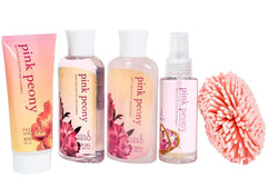 Pink Peony body lotion bottle from Freida and Joe for lasting moisturization after showers.