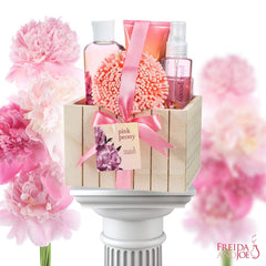 Pink Peony bubble bath bottle from Freida and Joe creates a lush foamy soak.