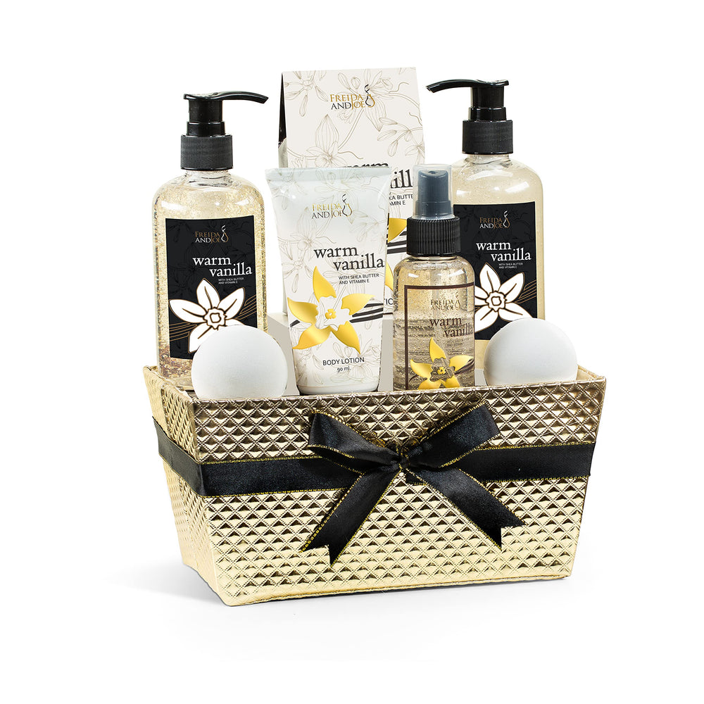 Freida and Joe Warm Vanilla bath gift basket cover, ideal for festive gifting and self-care rituals.