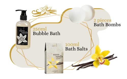 Freida and Joe Warm Vanilla bath salts and bath bombs set offers spa-like decadence at home.