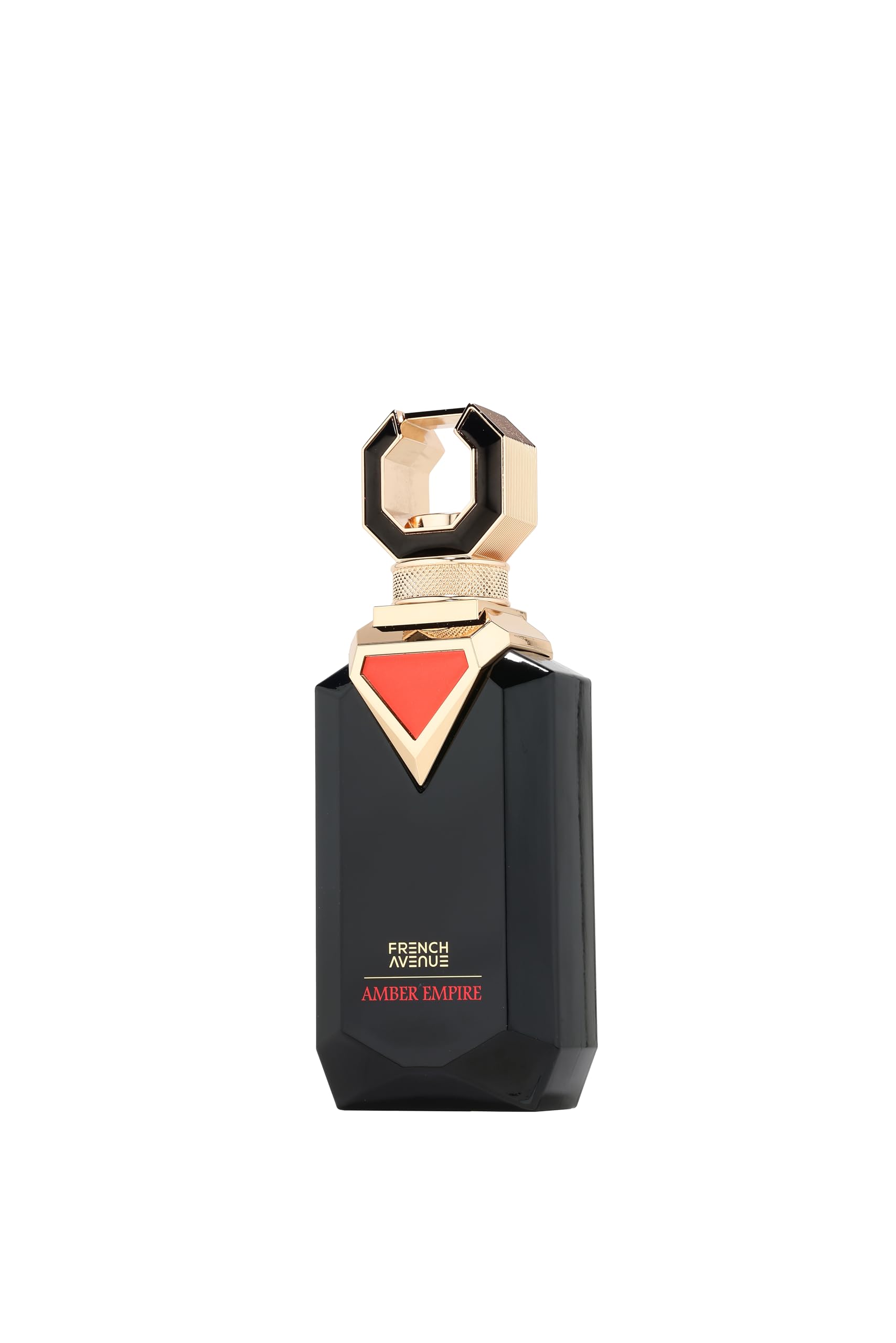 French Avenue Amber Empire EDP bottle side view emphasizes bold evening presence