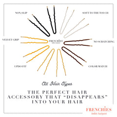 Frenchies ultra flocked coating hair pin shown in hair for grip.
