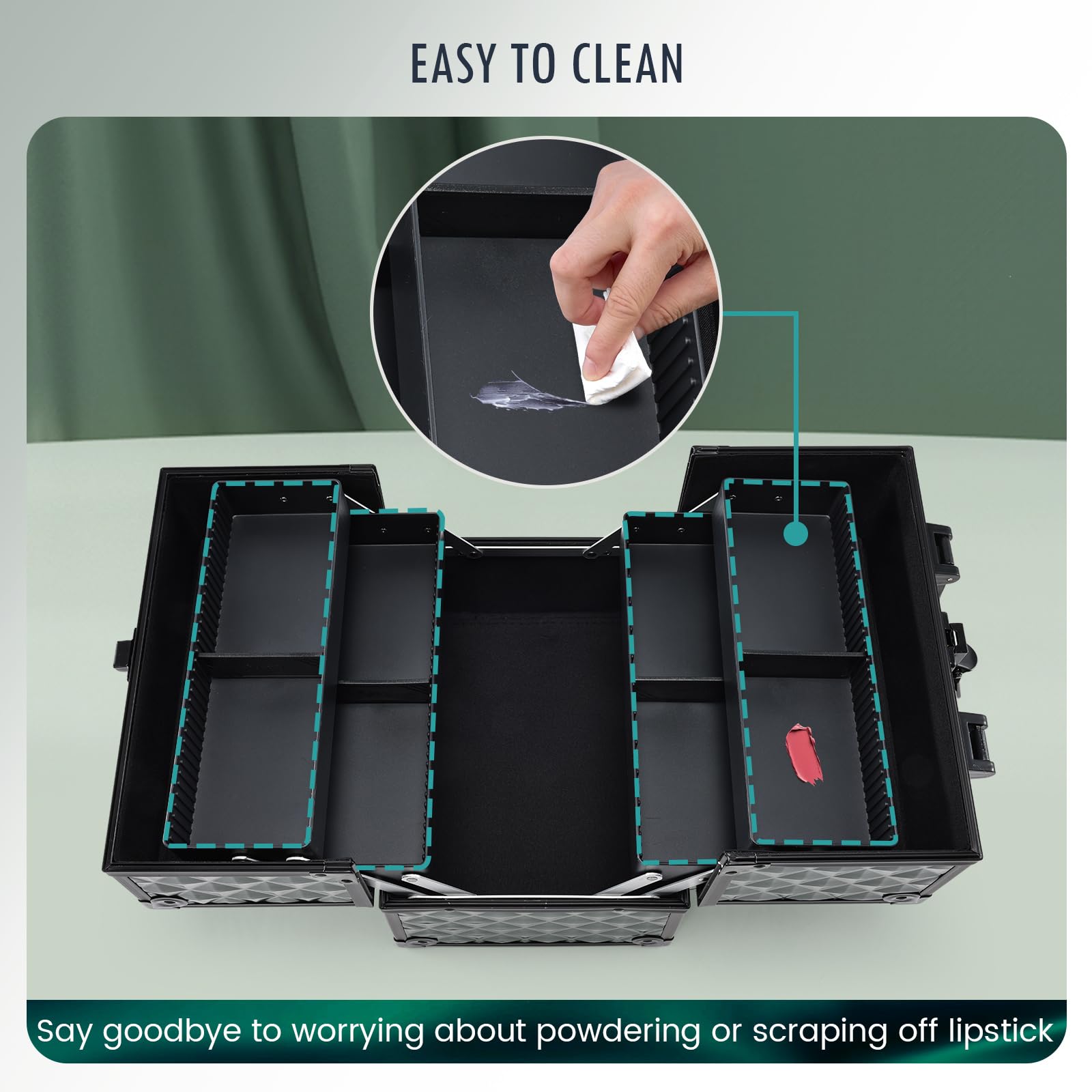 FRENESSA non-slip handle emphasizes comfortable grip while transporting cosmetics