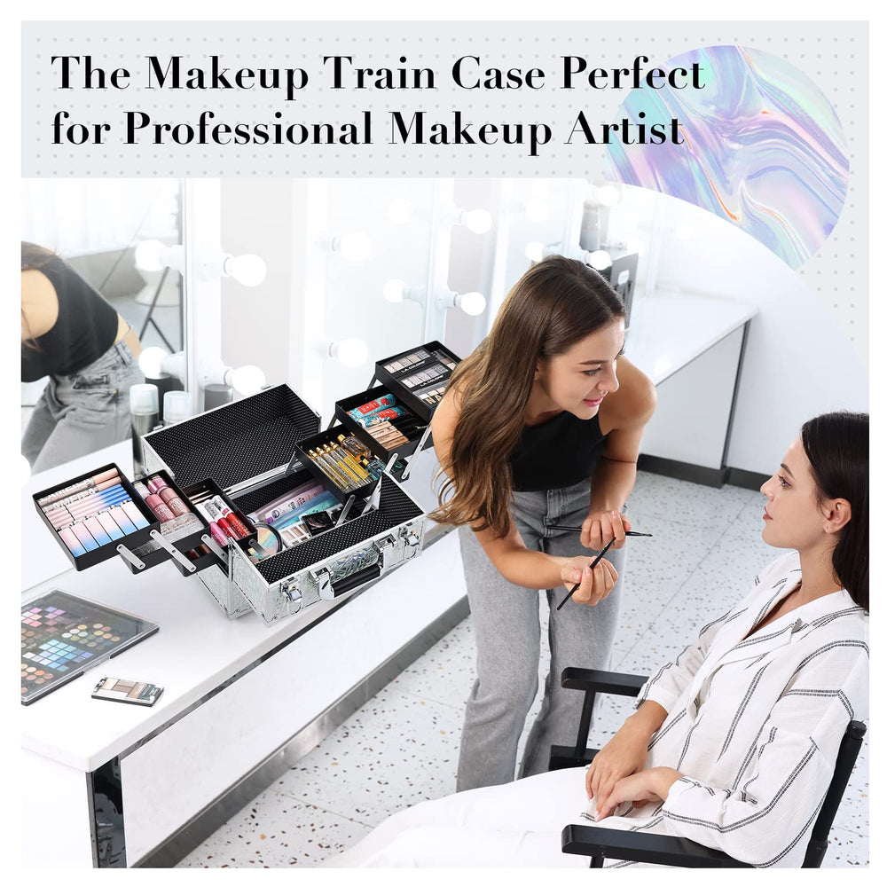 Frenessa makeup case open with trays shows organized, easy access to cosmetics.