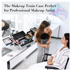 Frenessa makeup case open with trays shows organized, easy access to cosmetics.