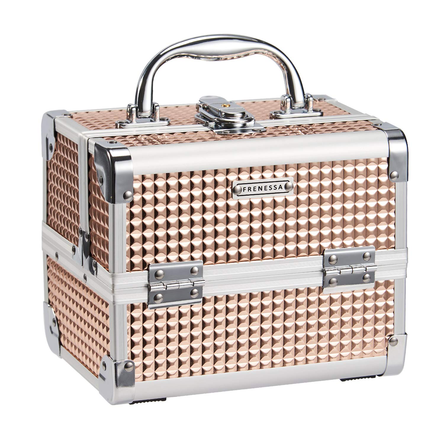 FRENESSA makeup case rose-gold front view shows portable travel-ready design