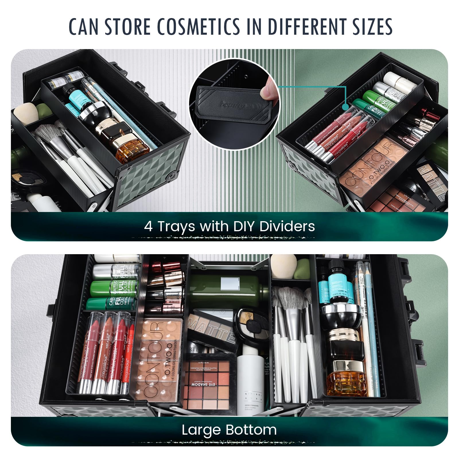 FRENESSA train case open trays demonstrates organized compartments for cosmetics and tools