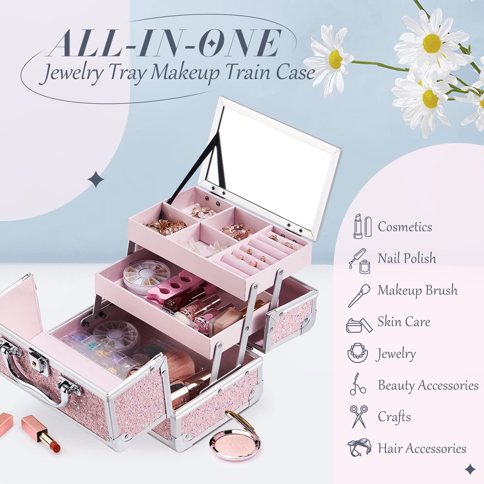 FRENESSA makeup case with mirror top tray for quick grooming