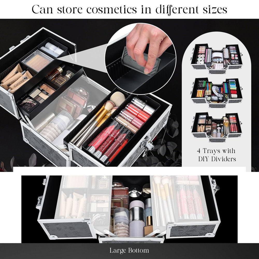 FRENESSA four-tier cantilever trays extended for quick access to cosmetics.