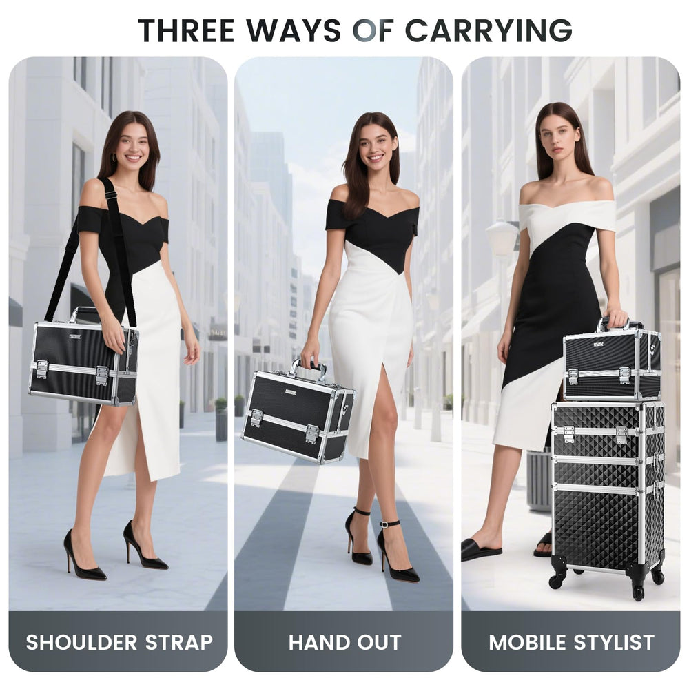 FRENESSA Makeup Train Case with extended 6-tray cantilever keeps cosmetics securely organized.