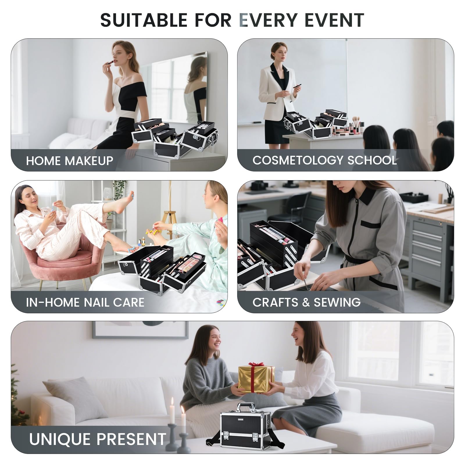 FRENESSA Black hard-shell case withstands travel wear and tear.