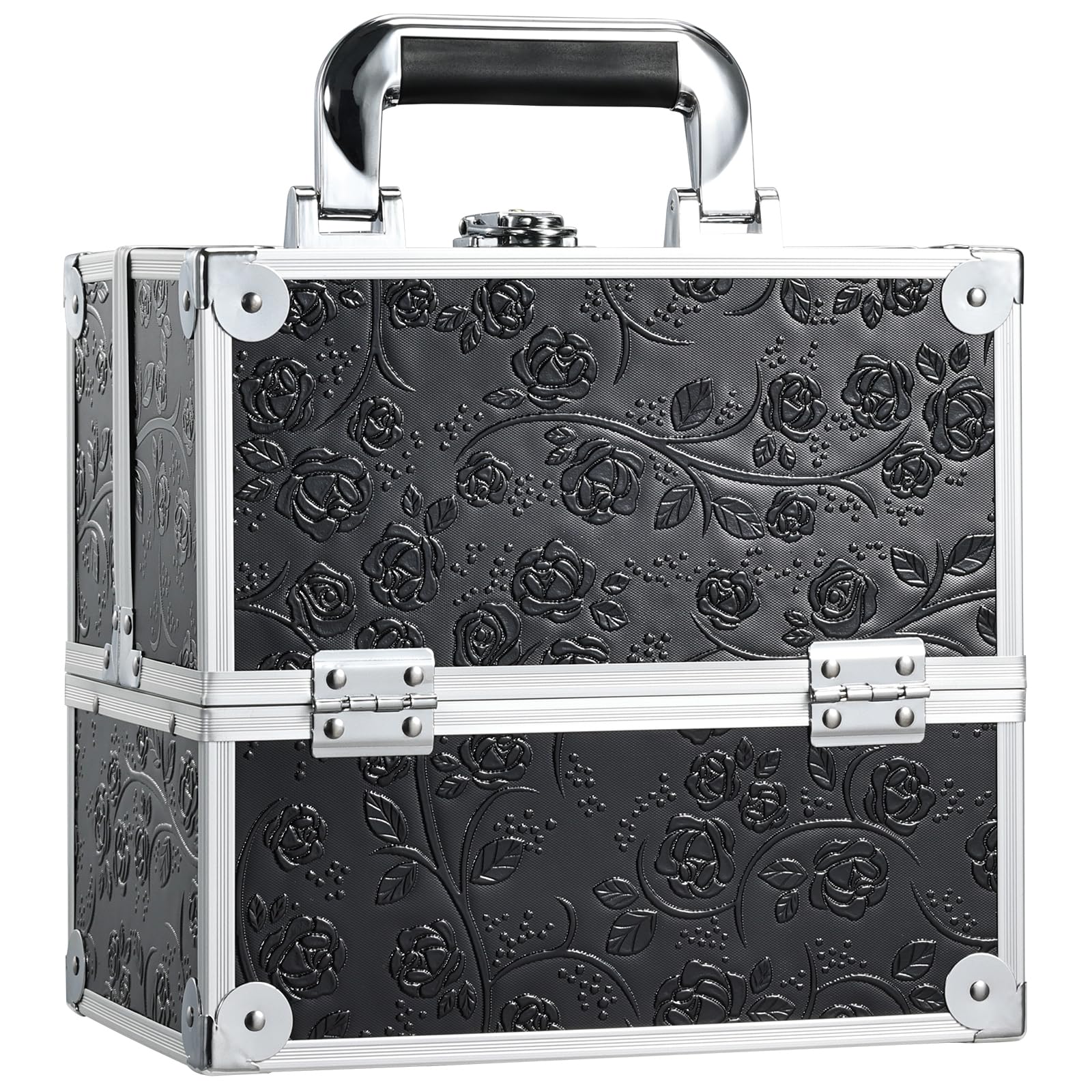 FRENESSA makeup train case closed in black floral, organized travel-ready.