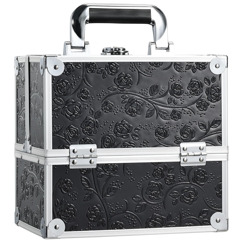 FRENESSA makeup train case closed in black floral, organized travel-ready.