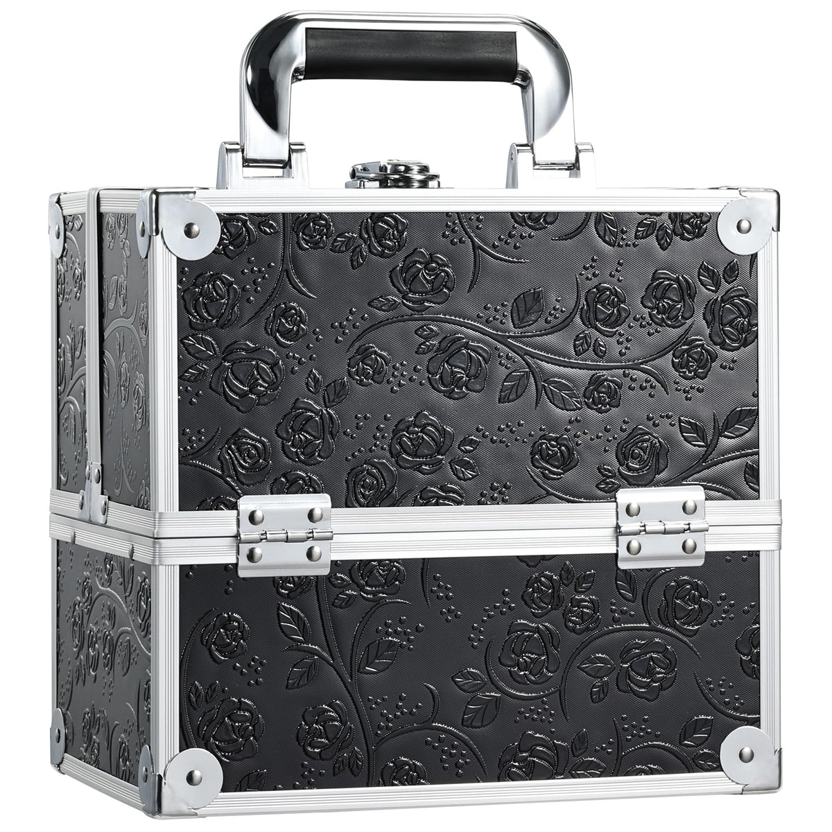 FRENESSA makeup train case closed in black floral, organized travel-ready.