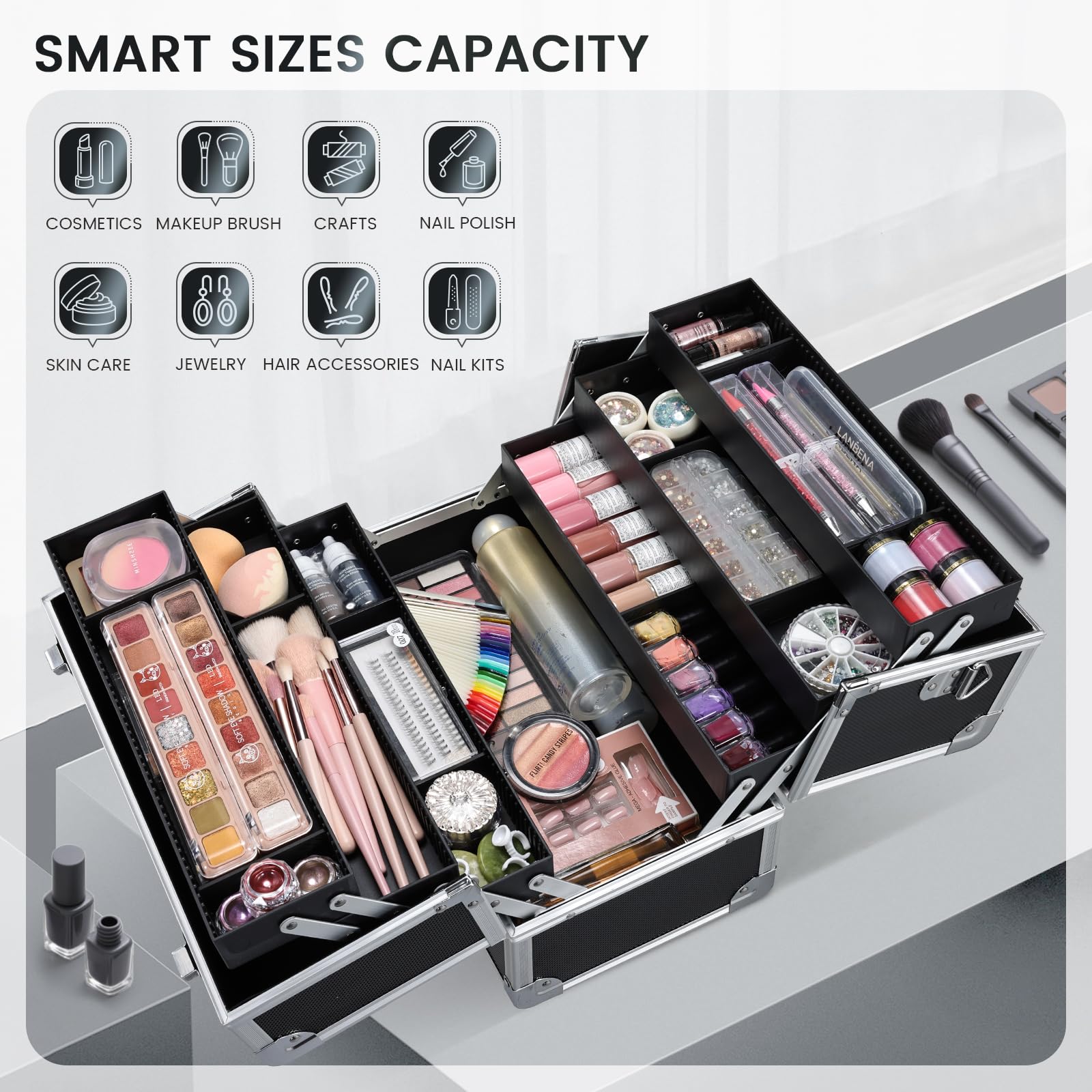 FRENESSA Interior dividers reduce shifting for safe cosmetics transport.