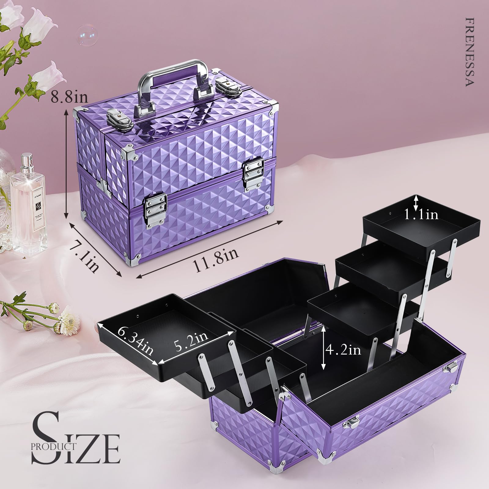 Frenessa makeup train case easy-clean surface for quick wipe-downs after use