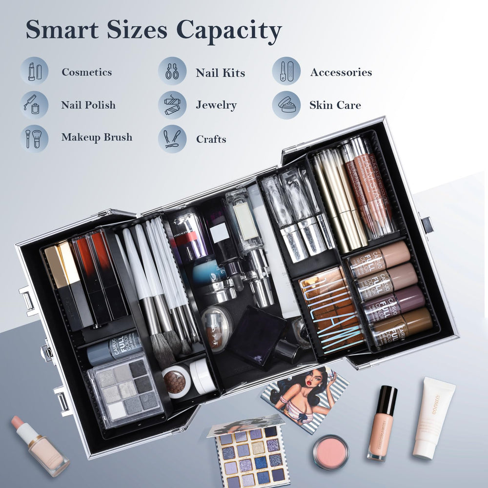 FRENESSA makeup train case four-tier trays extended provide easy, customizable storage