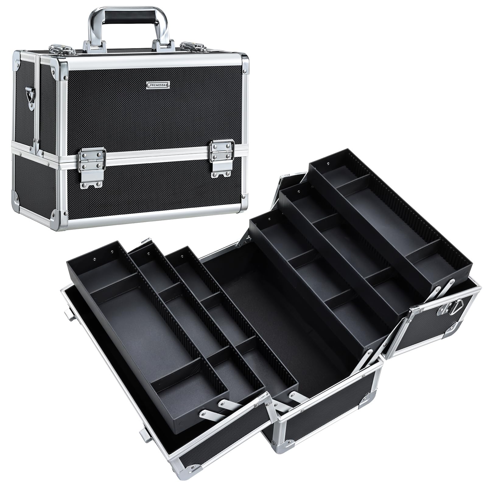 FRENESSA Makeup Train Case front view, durable shell for travel-ready organization.