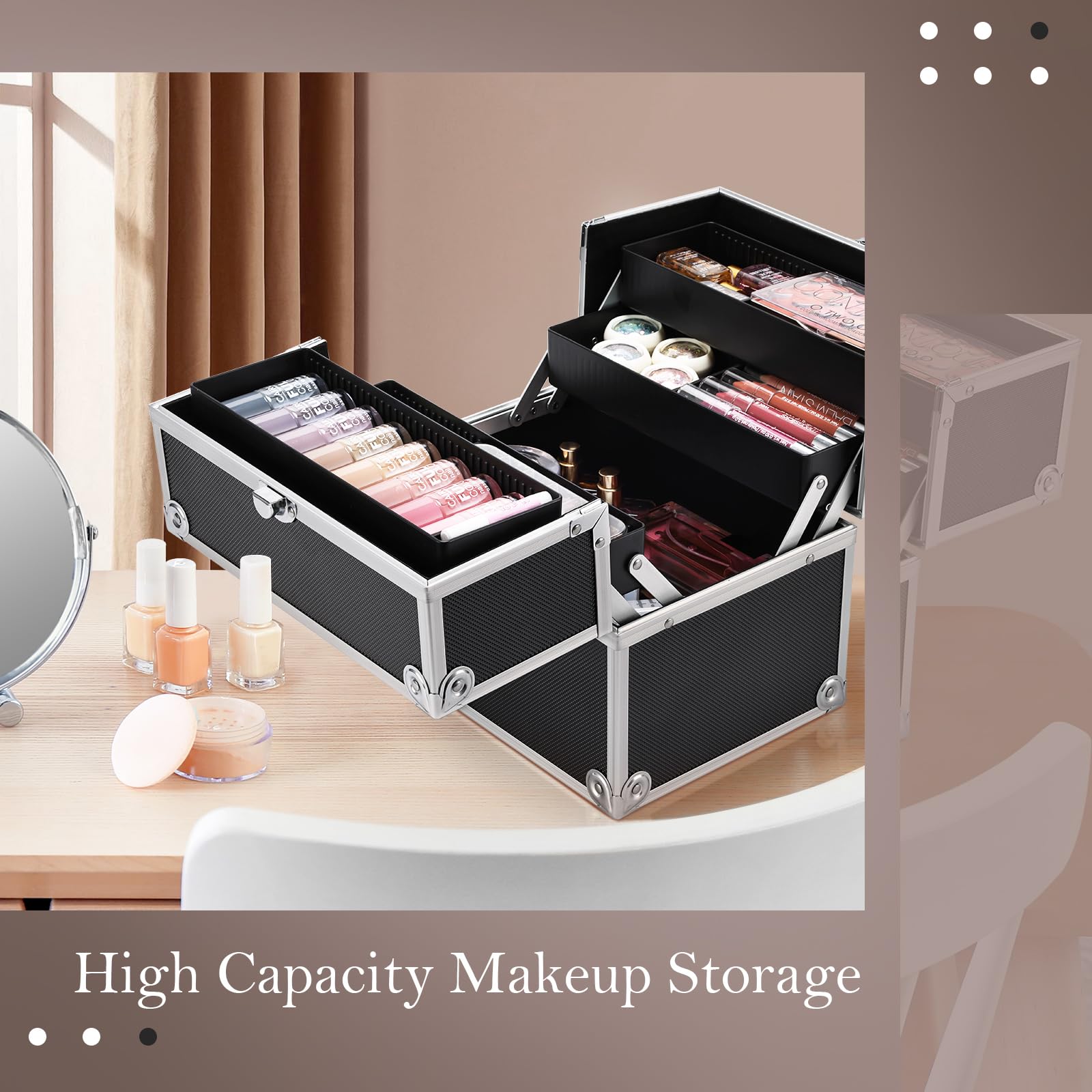 Frenessa makeup-train-case lock-and-key ensures secure storage during travel
