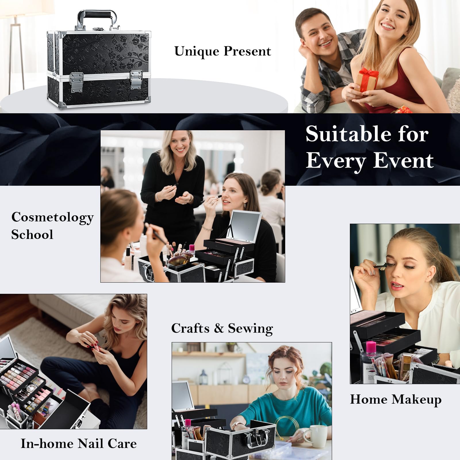 Frenessa makeup train case with mirror inside enables quick on-site makeup checks
