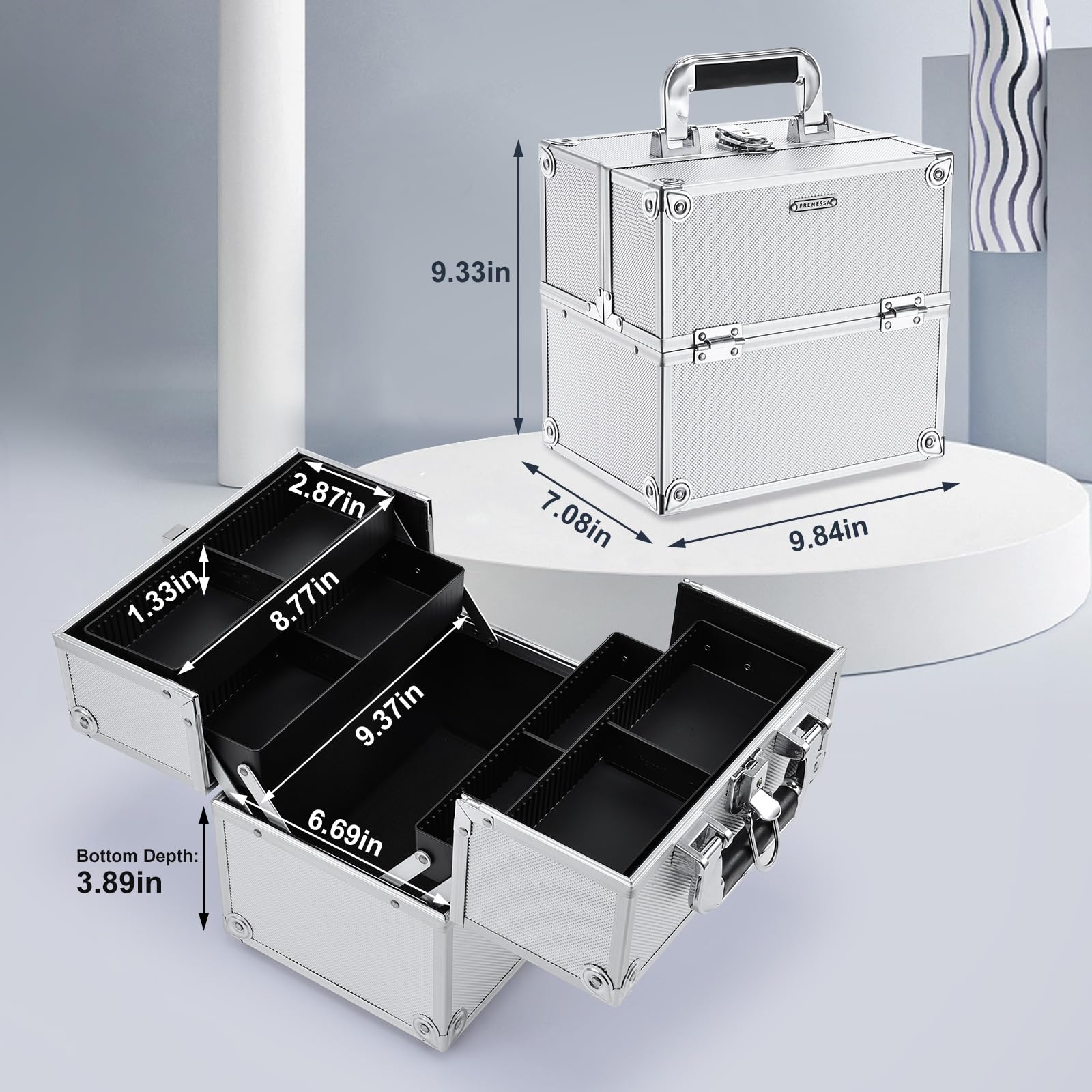 FRENESSA makeup train case movable partitions tailor space for brushes and bottles
