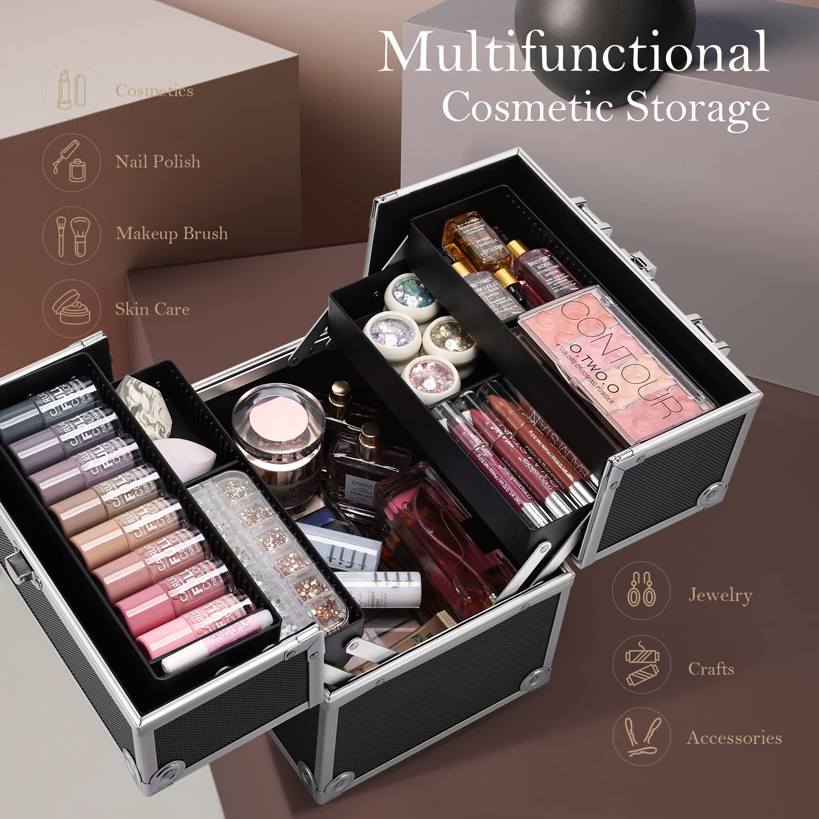 Frenessa makeup-train-case open tray displays 4-tier organization for easy access