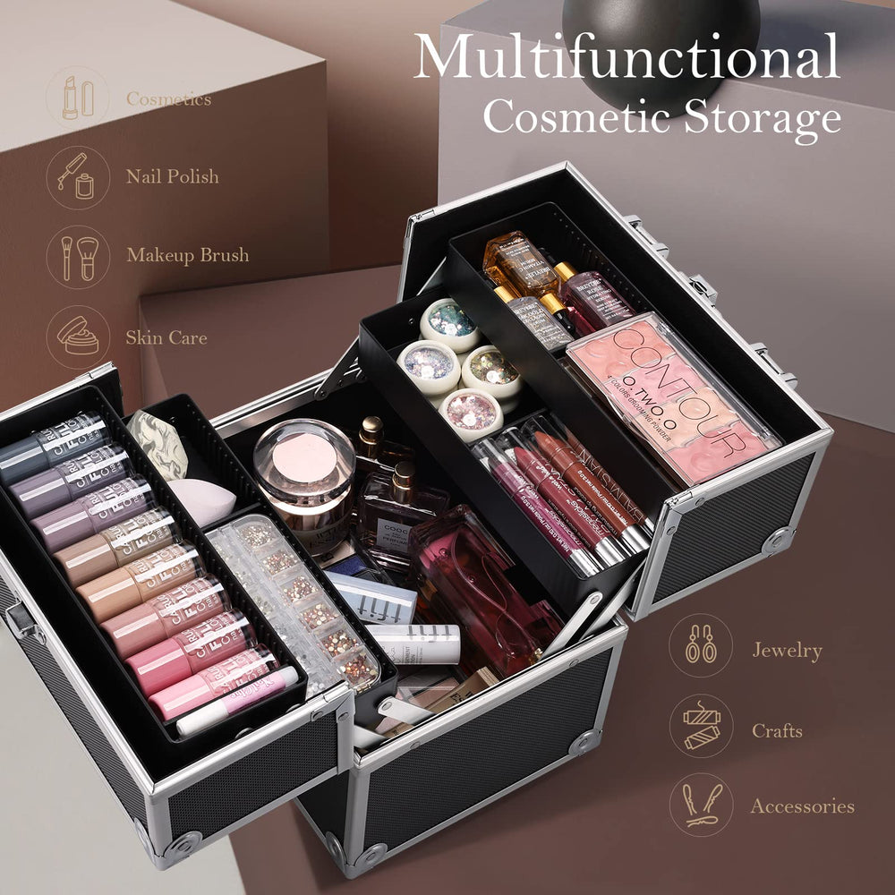 Frenessa makeup-train-case open tray displays 4-tier organization for easy access