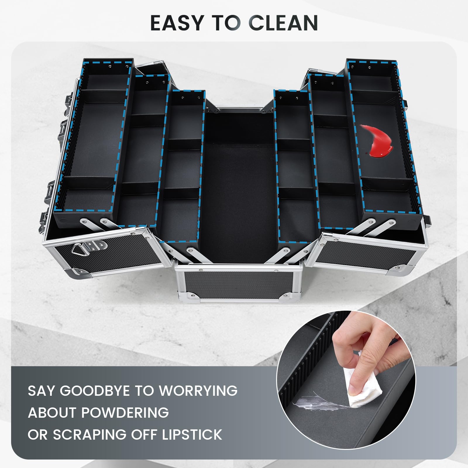 FRENESSA Bottom-space design fits palettes and large bottles for quick access.
