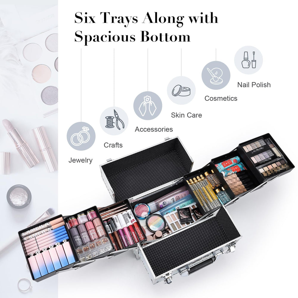 Frenessa six-tray train case spread reveals roomy bottom for palettes.