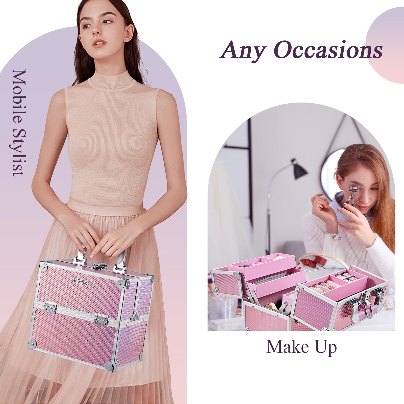 FRENESSA mermaid pink makeup case bottom-compartment holds palettes and tools.