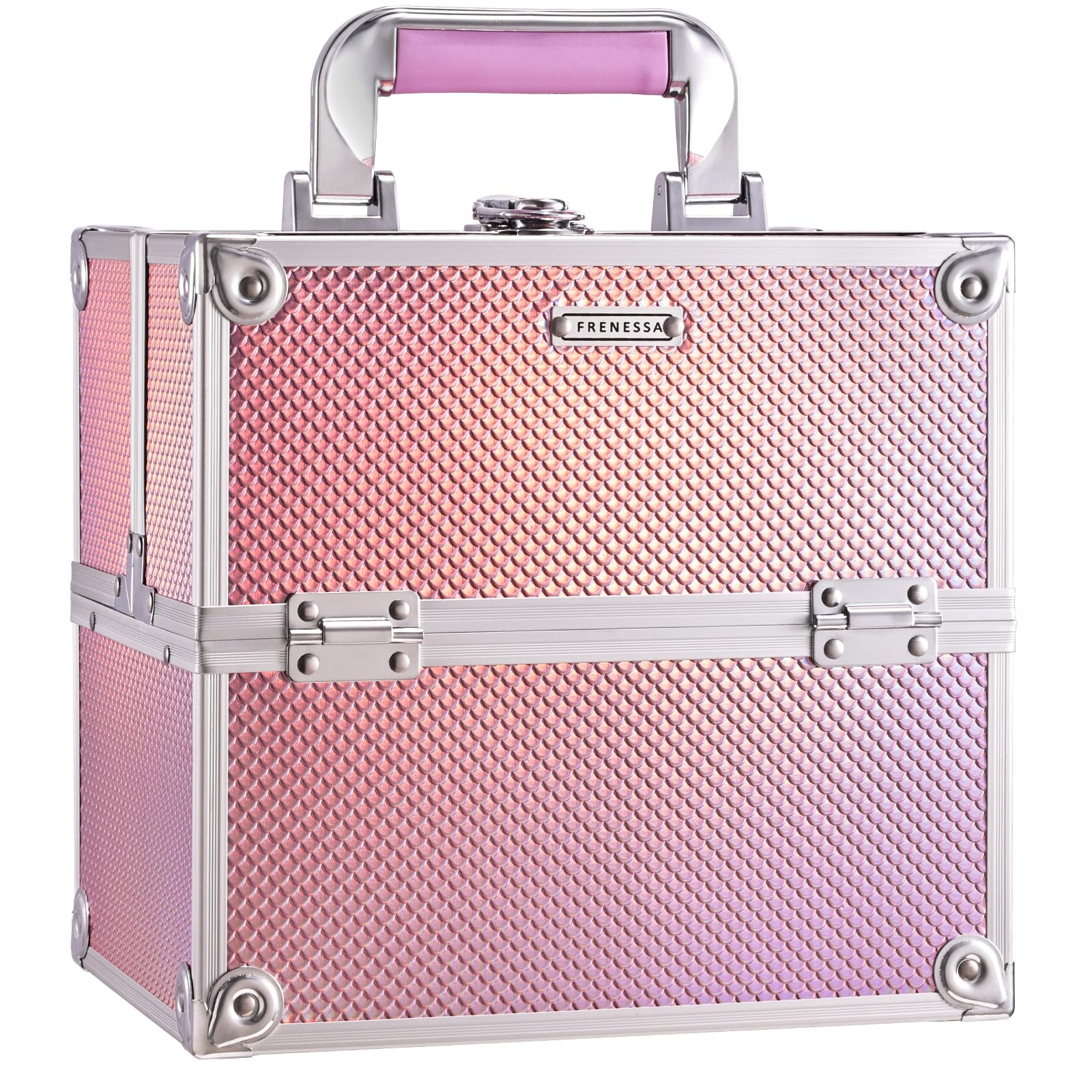 FRENESSA mermaid pink makeup case closed for portable on-the-go organization.