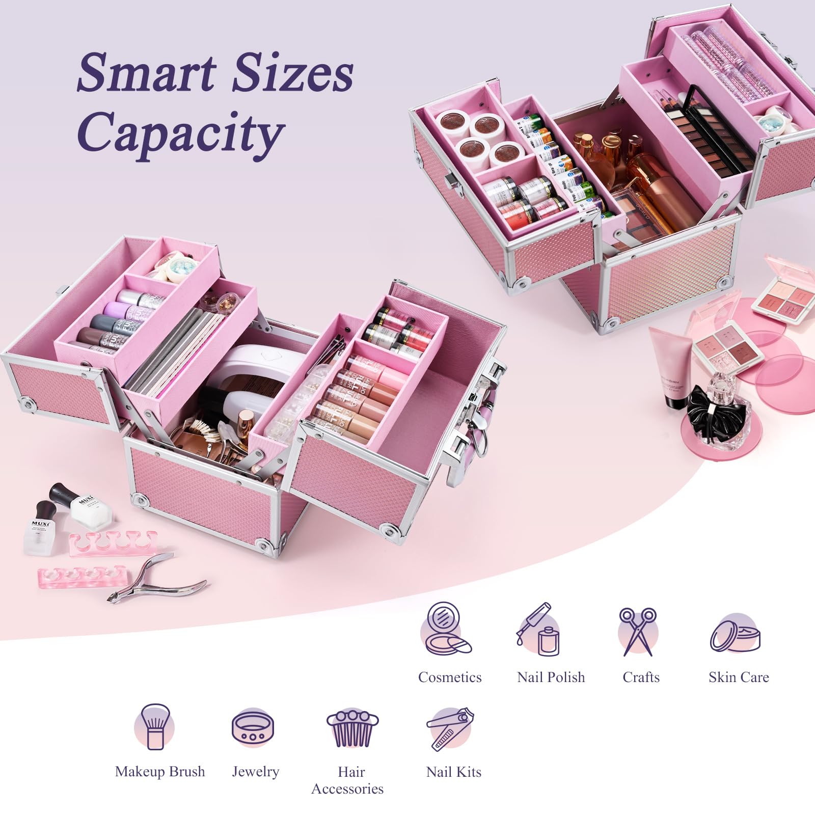 FRENESSA mermaid pink makeup case extendable-cantilever for maximizing storage while traveling.