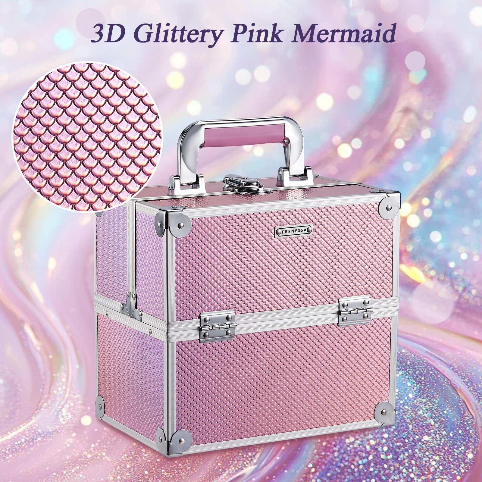 FRENESSA mermaid pink makeup case lock-and-key for secure travel.
