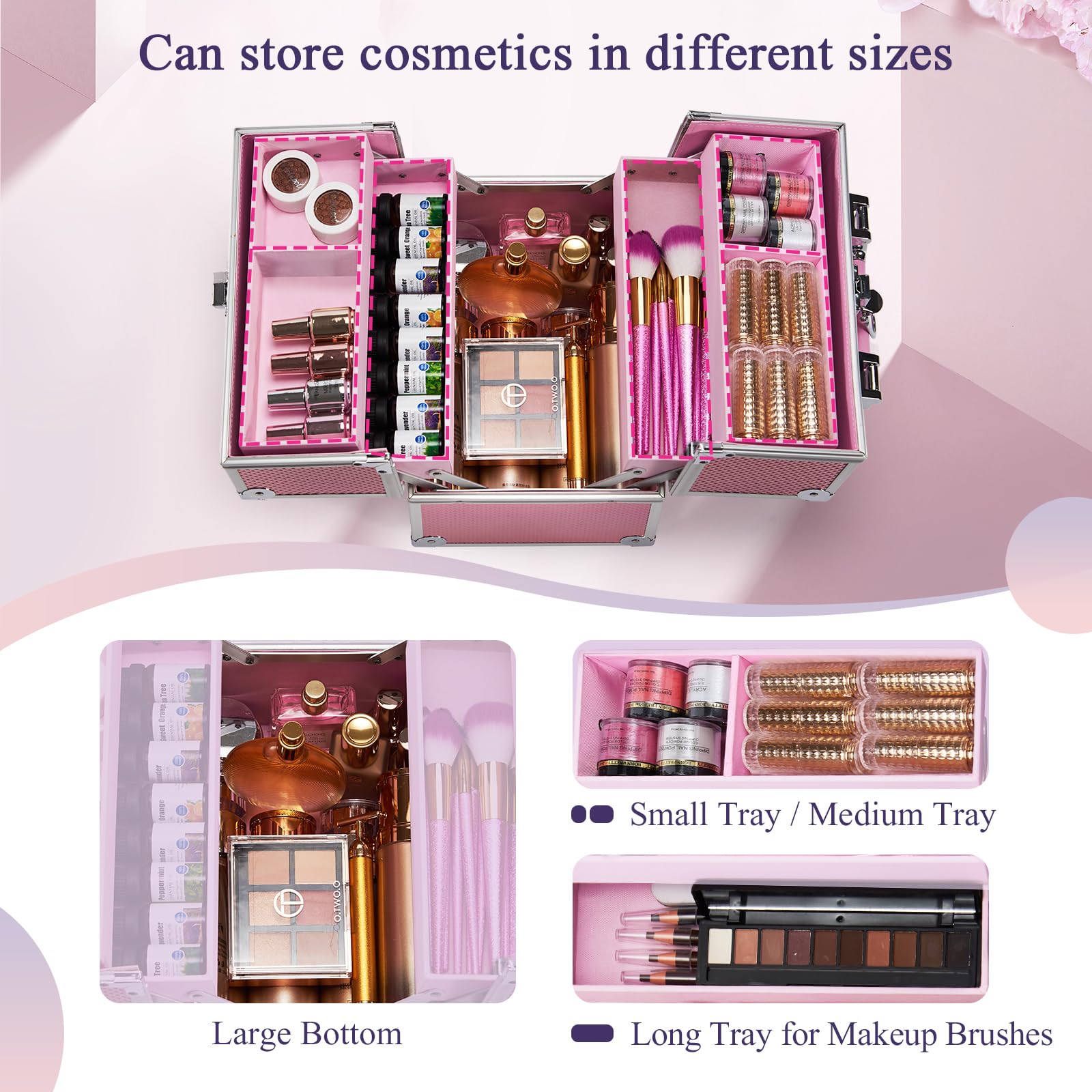 FRENESSA mermaid pink makeup case top-trays open for organized quick-access storage.