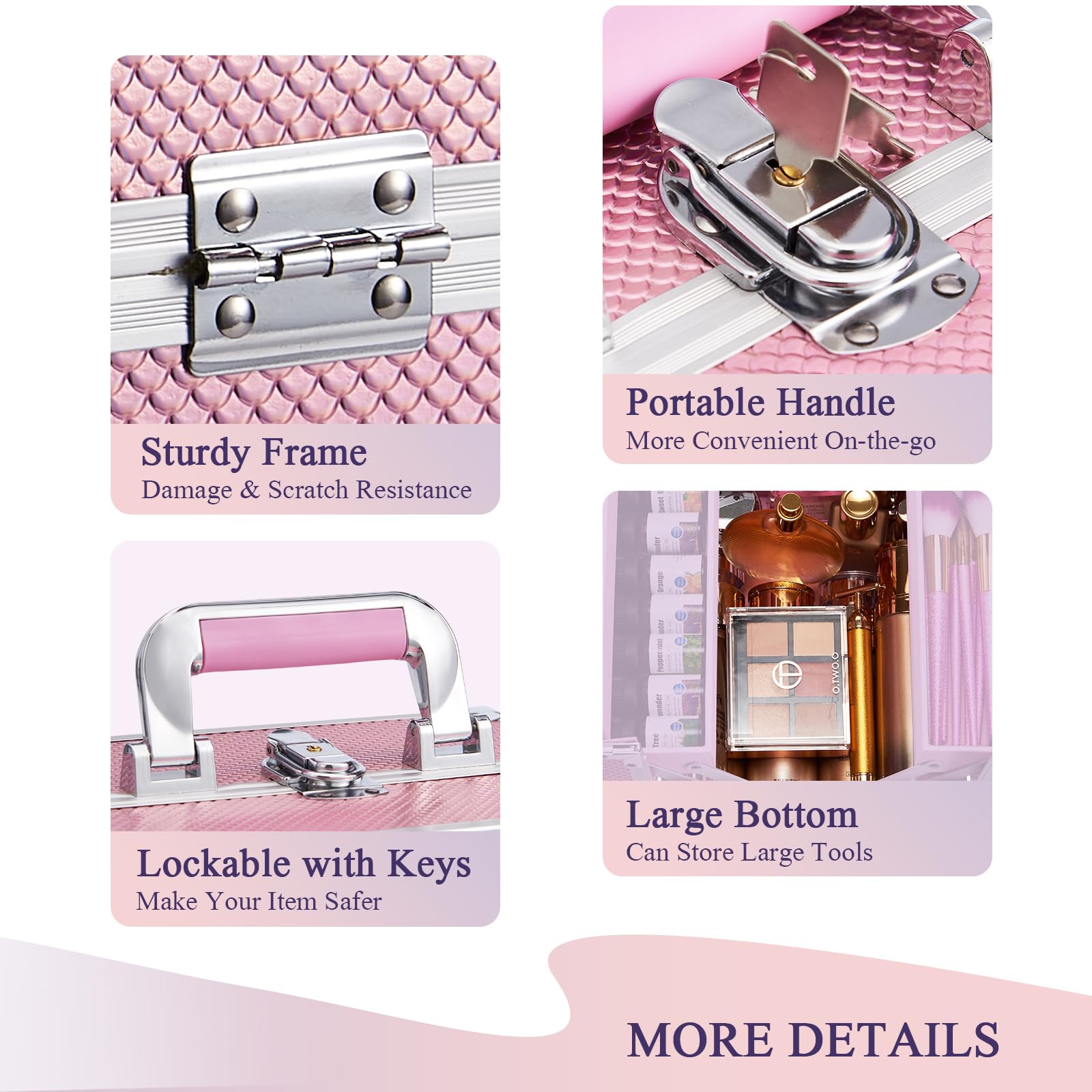FRENESSA mermaid pink makeup case travel-ready with non-slip handle.