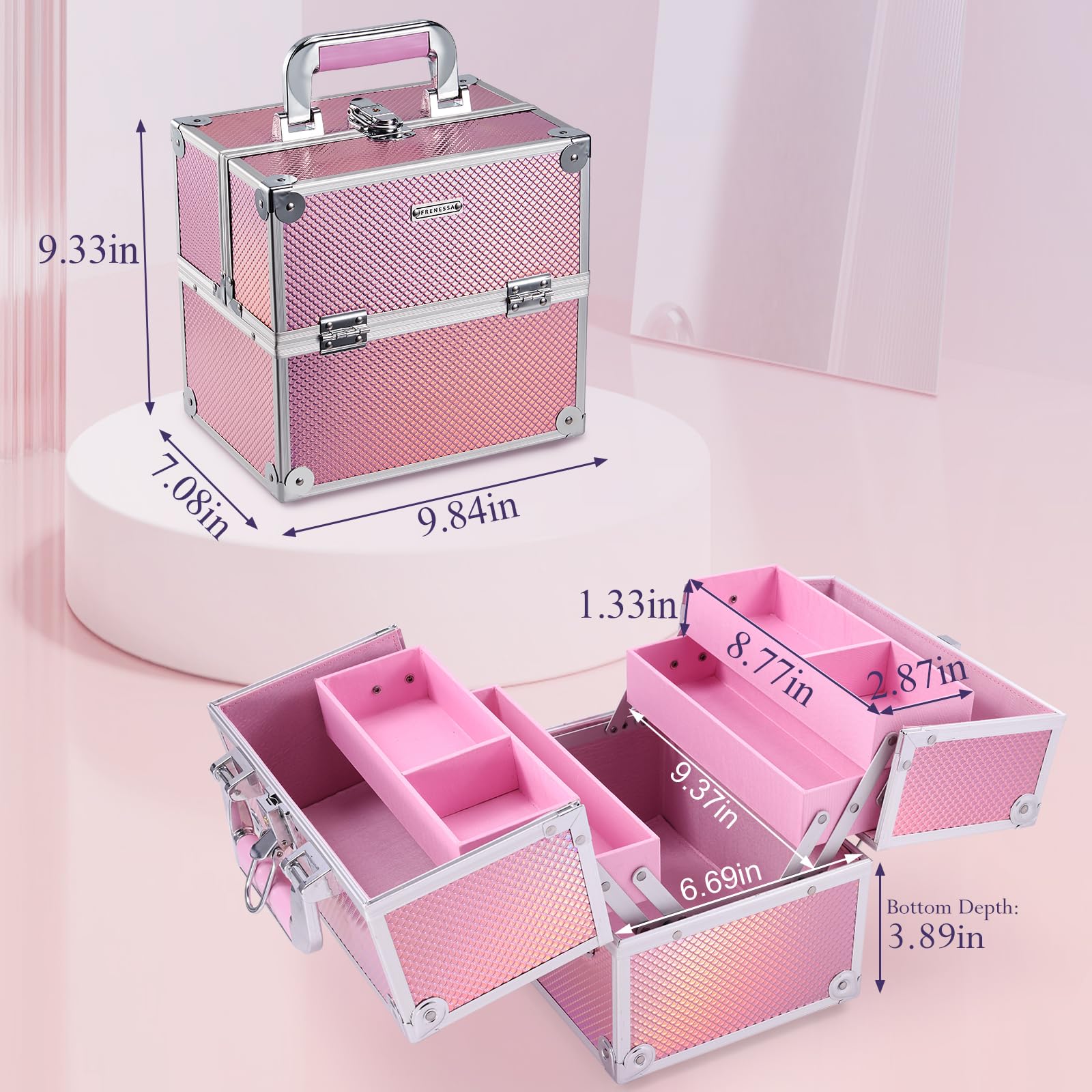 FRENESSA mermaid pink makeup case waterproof-glitter-surface resists outdoor use.