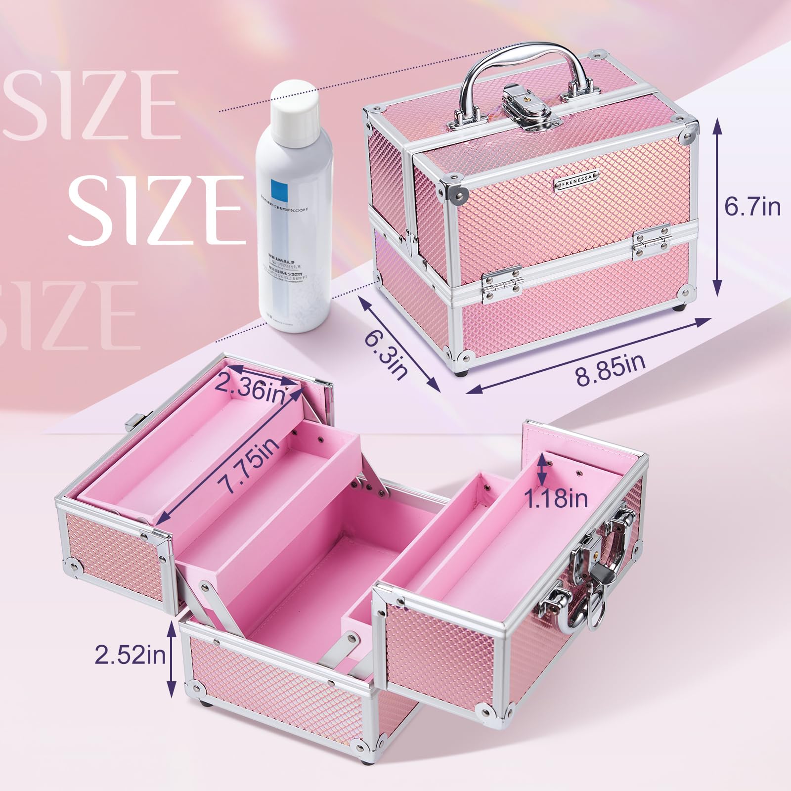 FRENESSA Mermaid Pink makeup train case bottom storage for brushes and palettes