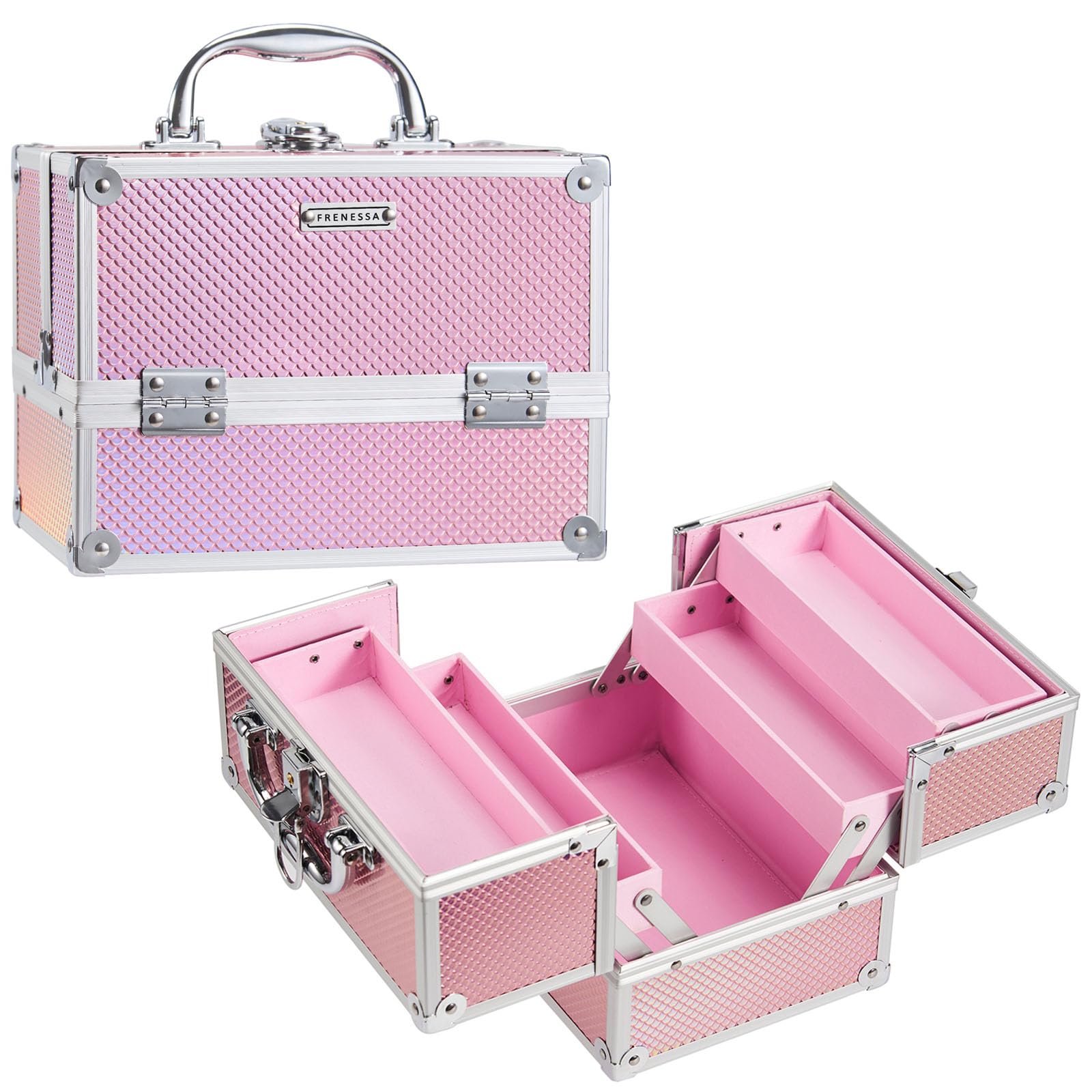 FRENESSA Mermaid Pink makeup train case front view, compact travel companion for tidy cosmetics