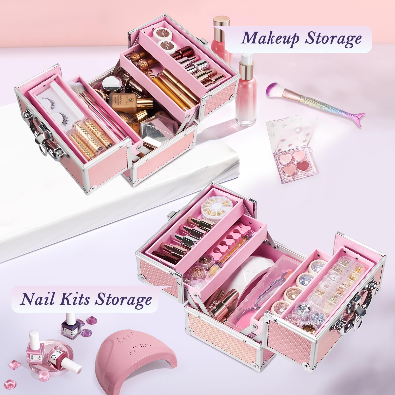 FRENESSA Mermaid Pink makeup train case glitter surface catches light for stylish vanity
