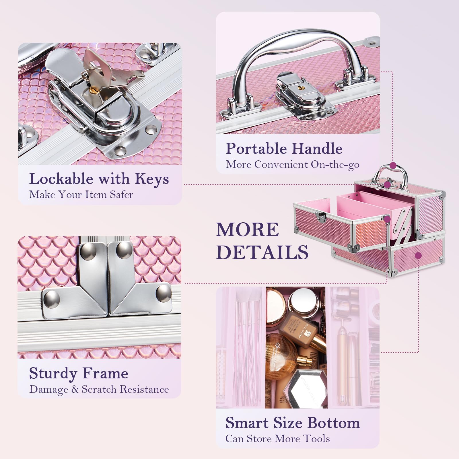 FRENESSA Mermaid Pink makeup train case with lock demonstrating secure travel storage
