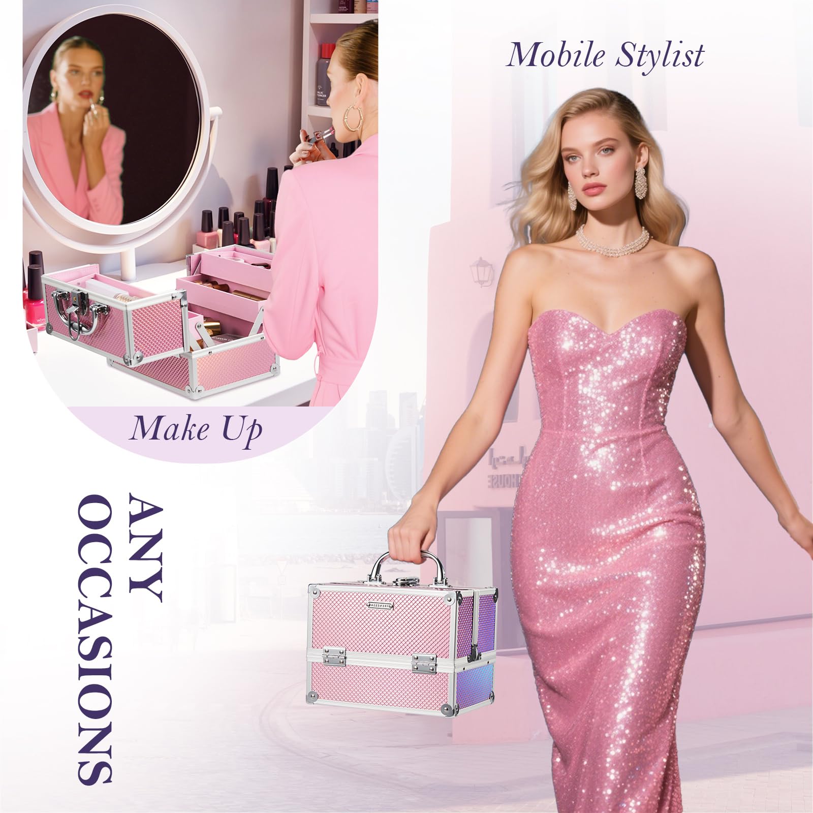 FRENESSA Mermaid Pink makeup train case open tray view showing four-tier organization