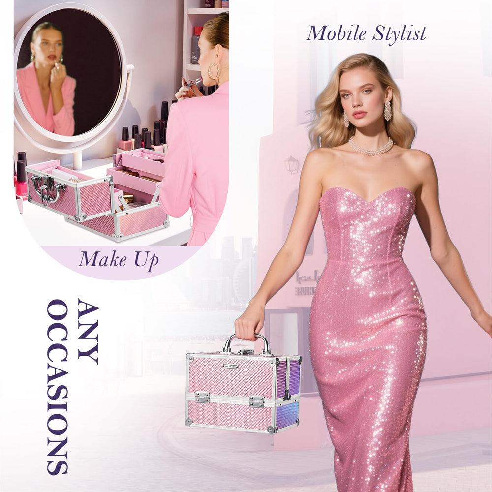 FRENESSA Mermaid Pink makeup train case open tray view showing four-tier organization