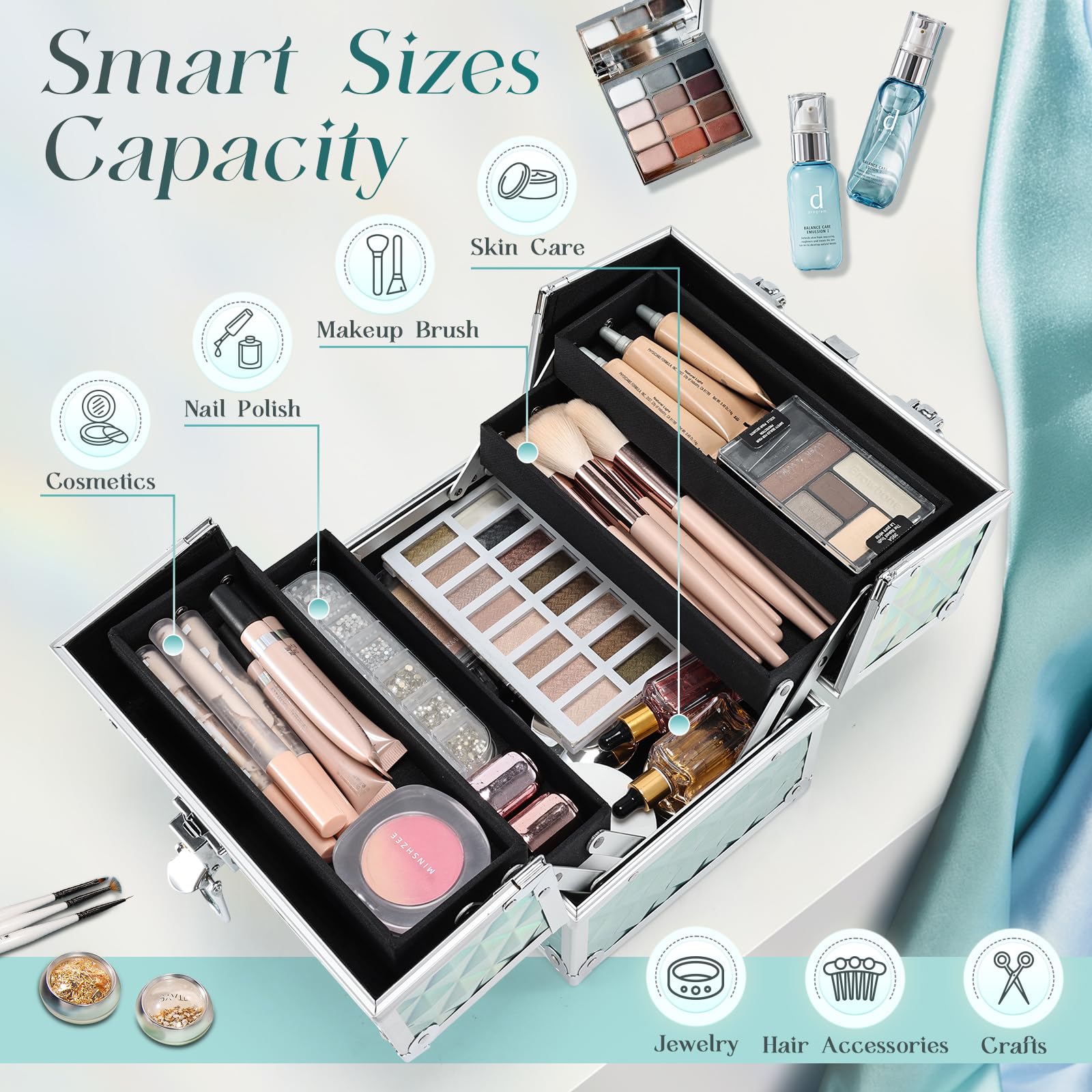 Frenessa Renessa makeup train case open tray shows four-tier organization