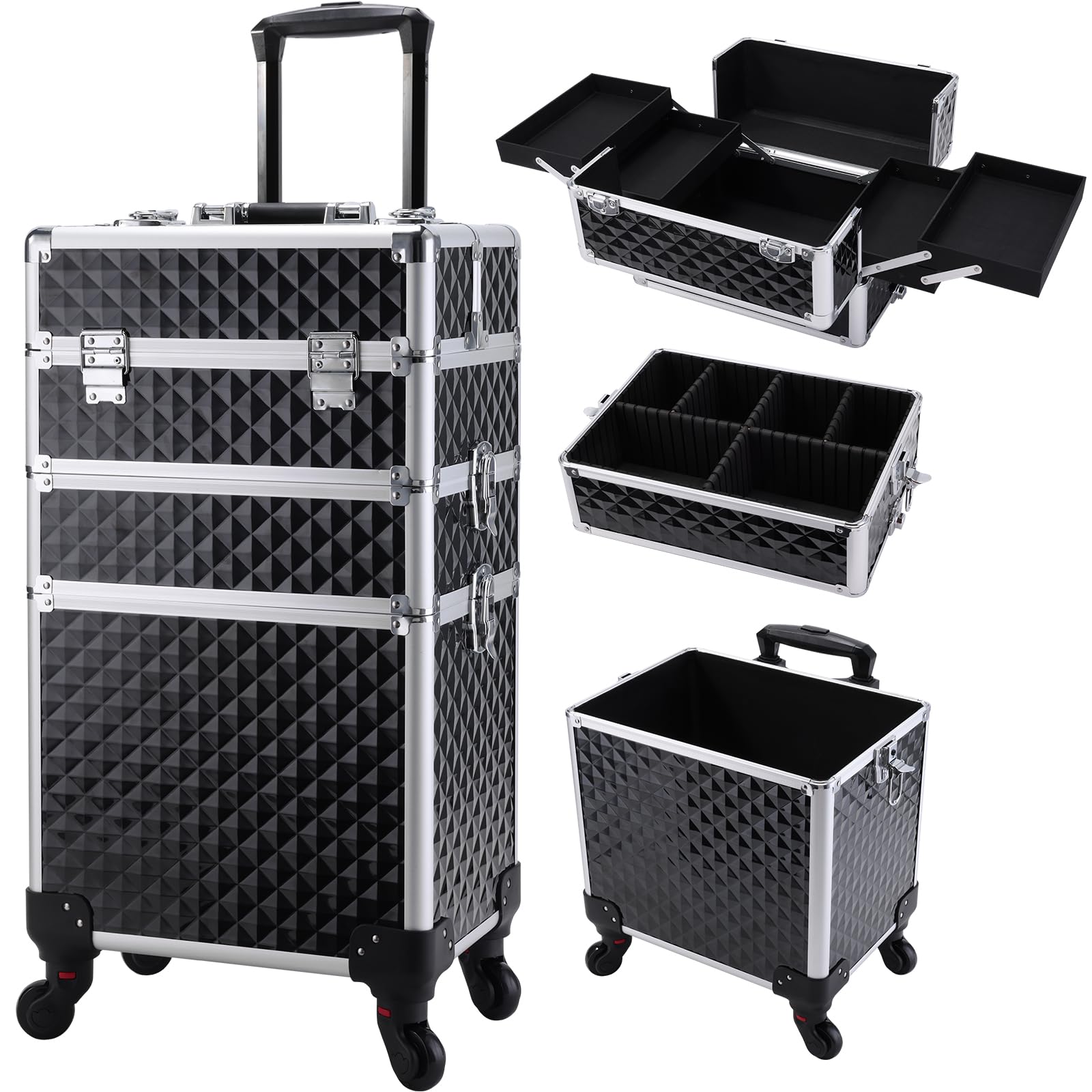 FRENESSA rolling makeup case front view demonstrates professional-grade construction for easy access