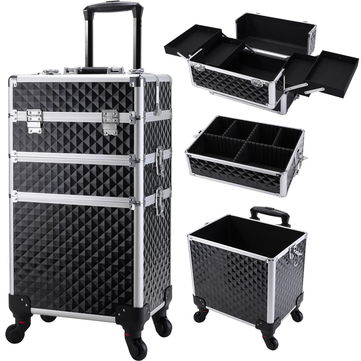 FRENESSA rolling makeup case front view demonstrates professional-grade construction for easy access