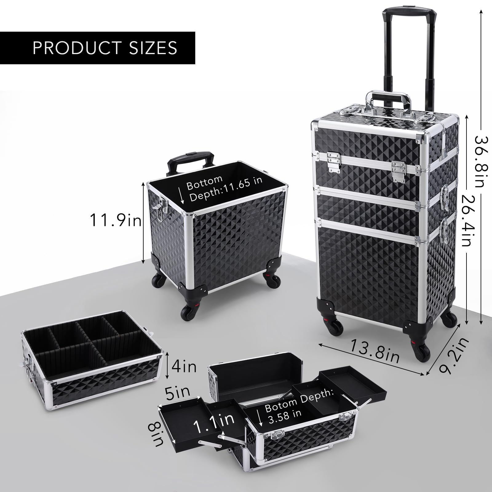 FRENESSA rolling makeup case side view highlights large storage and portable mobility