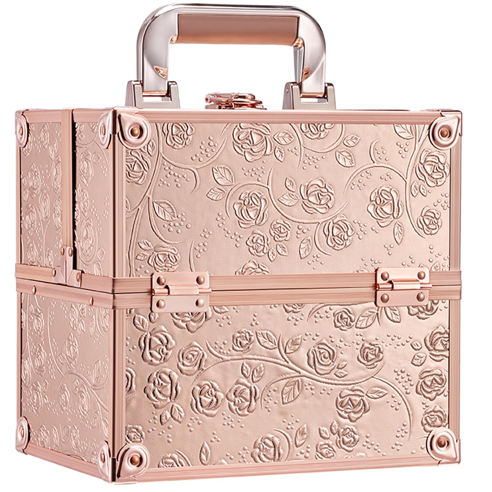 Frenessa rose gold floral makeup case front view for organized cosmetics
