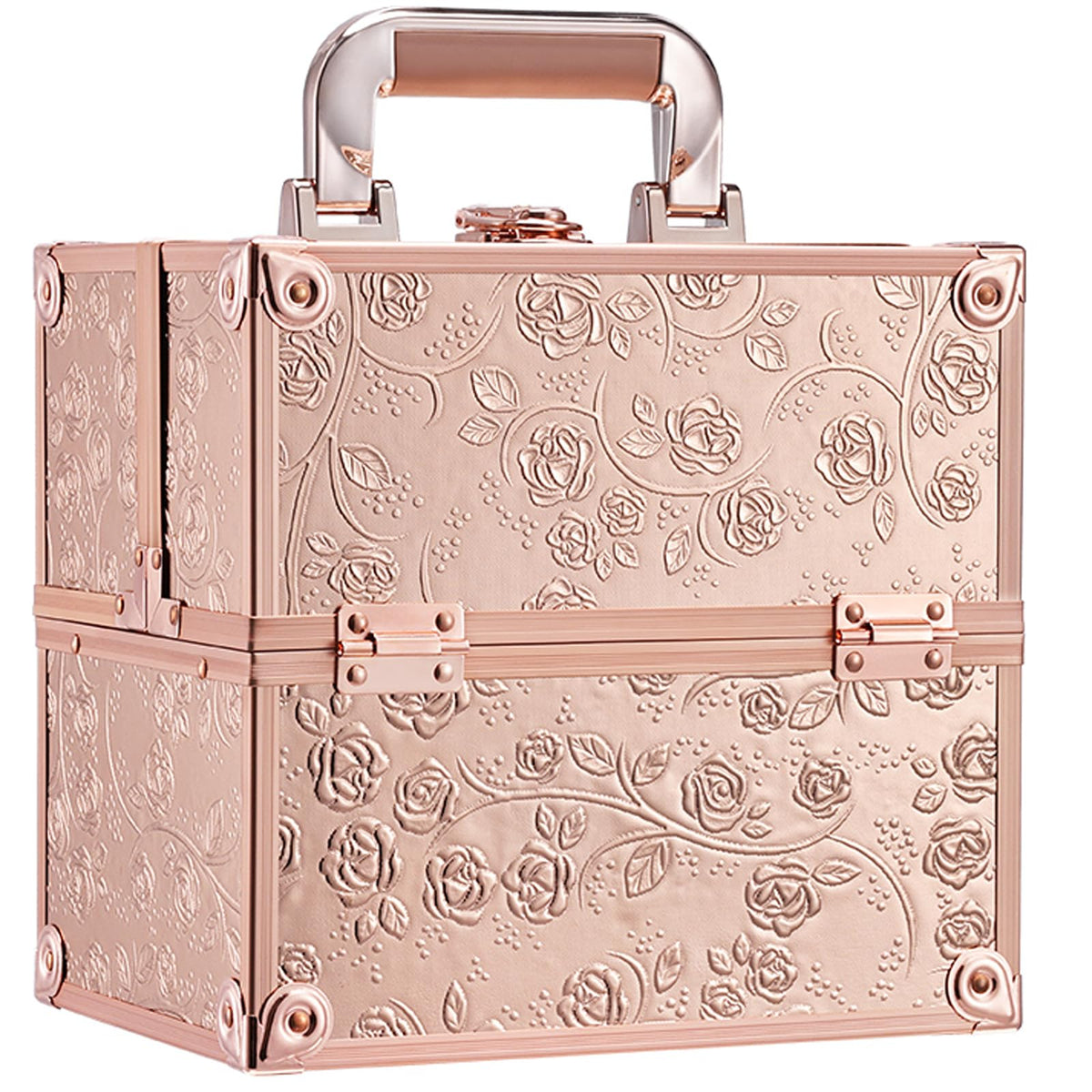 Frenessa rose gold floral makeup case front view for organized cosmetics
