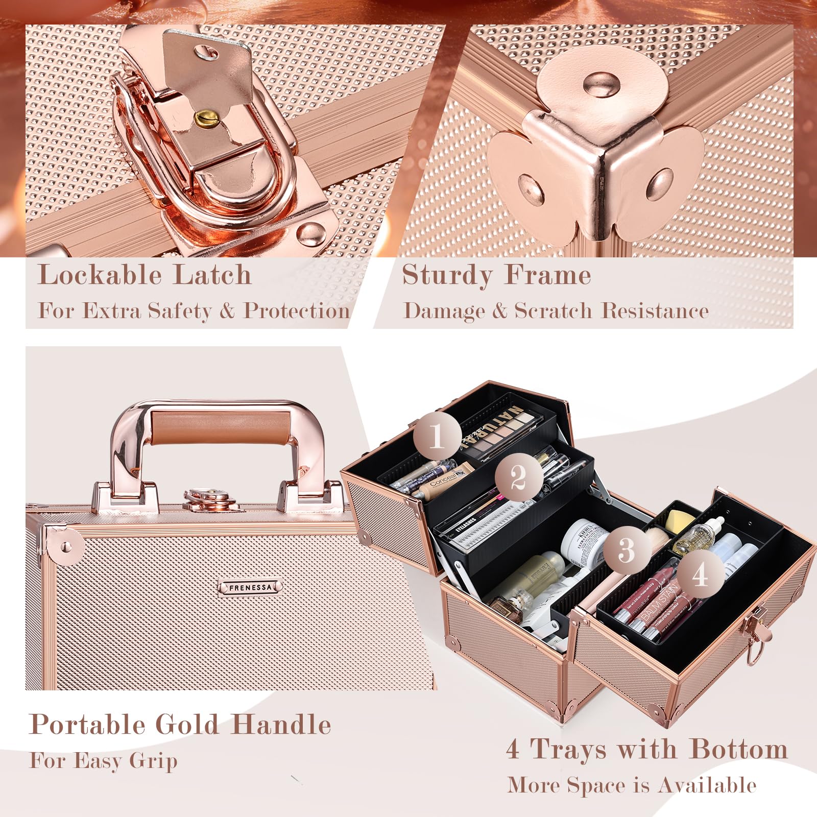 Frenessa bottom compartment holding brushes palettes and travel bottles.